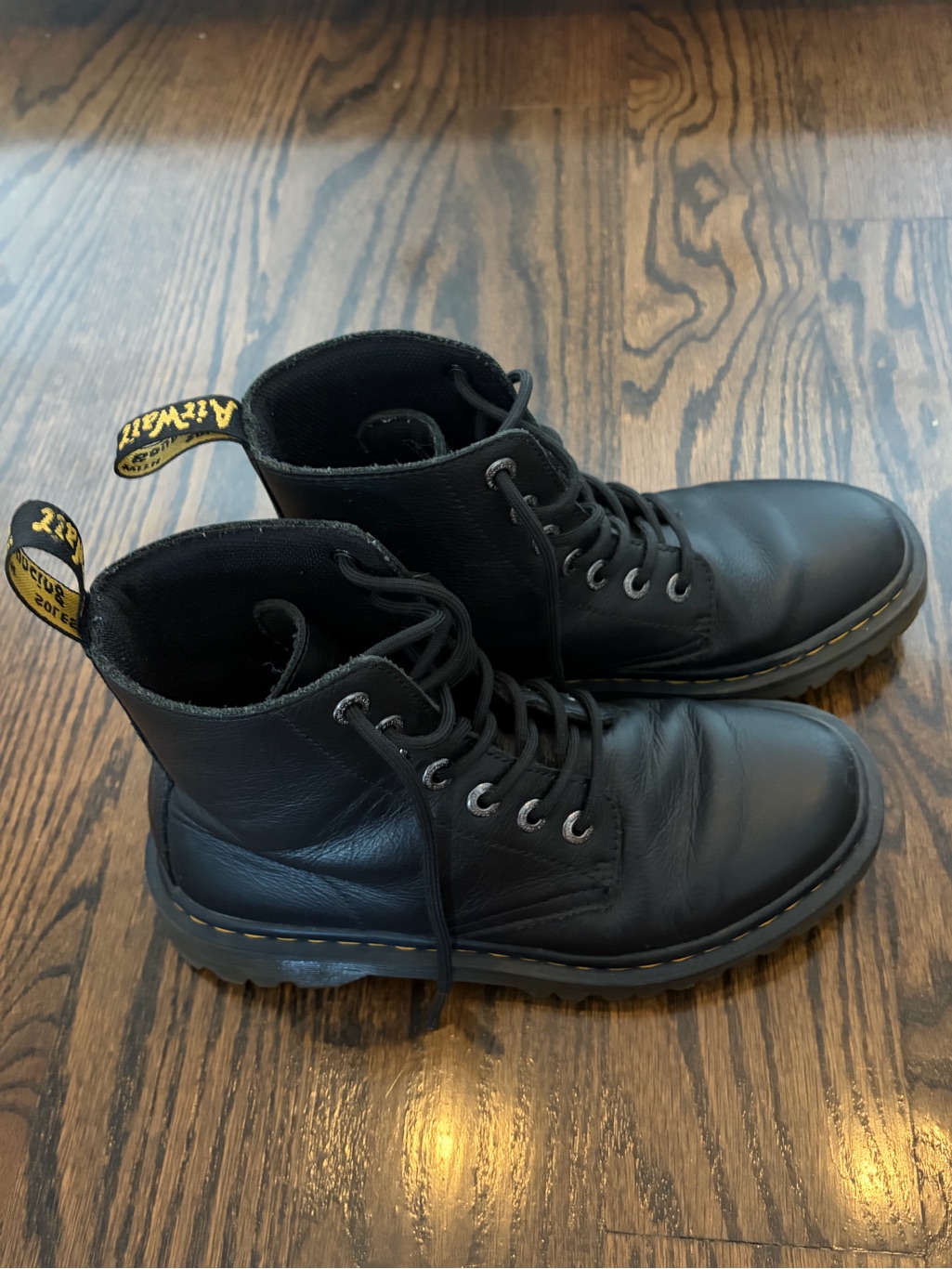 Dr. Martens Black Leather Lace-Up Boots With Yellow Heel Loop Accent